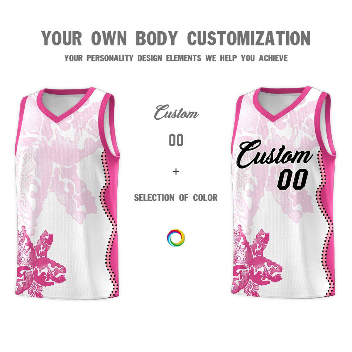 Custom White Pink Basketball Jersey - Illusion Flower Graffiti Breathable mesh Fabric