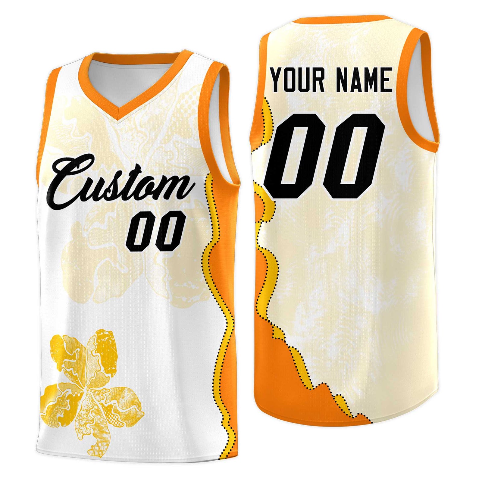 Custom White Orange Basketball Jersey - Illusion Flower Graffiti Durable Fabric