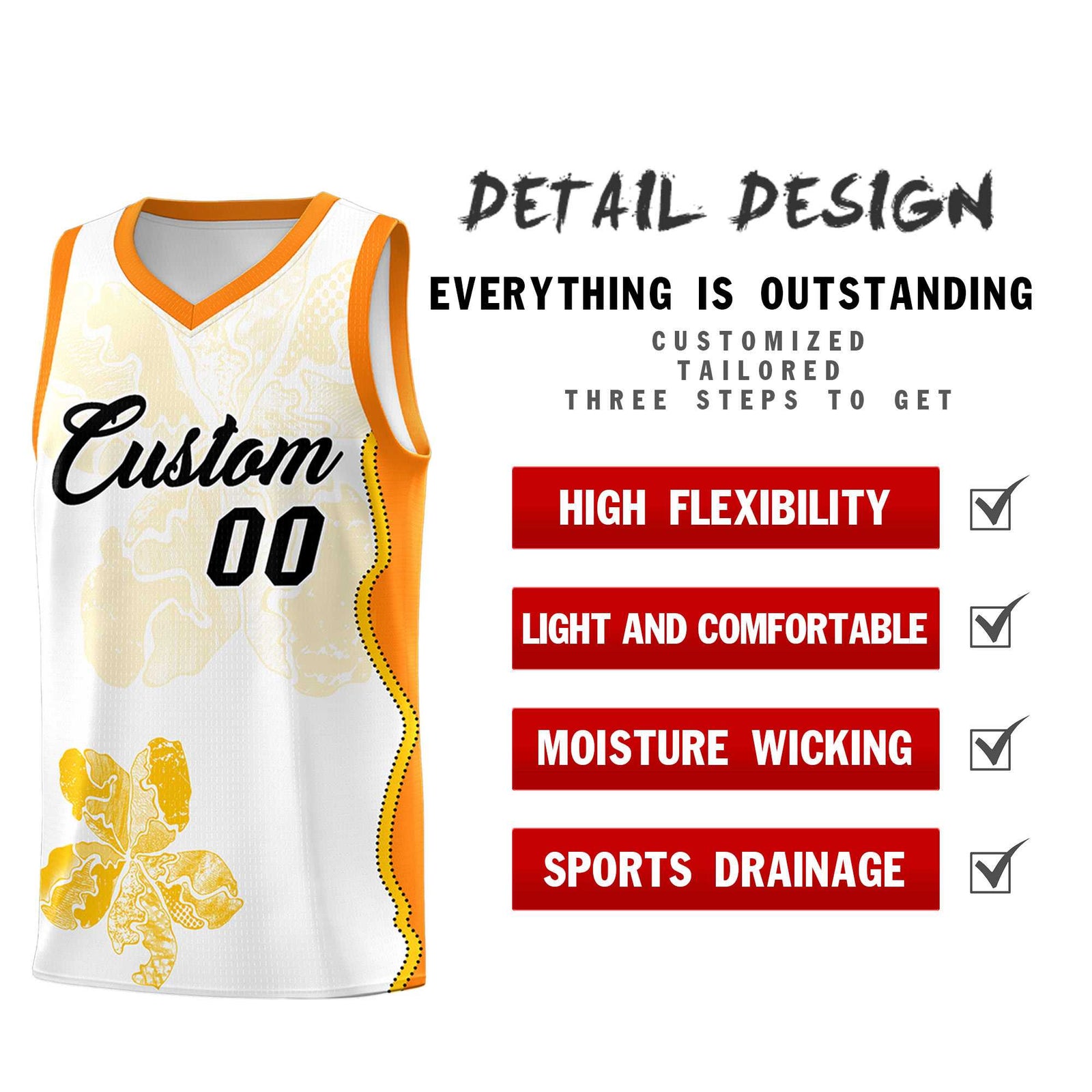 Custom White Orange Basketball Jersey - Illusion Flower Graffiti Durable Fabric