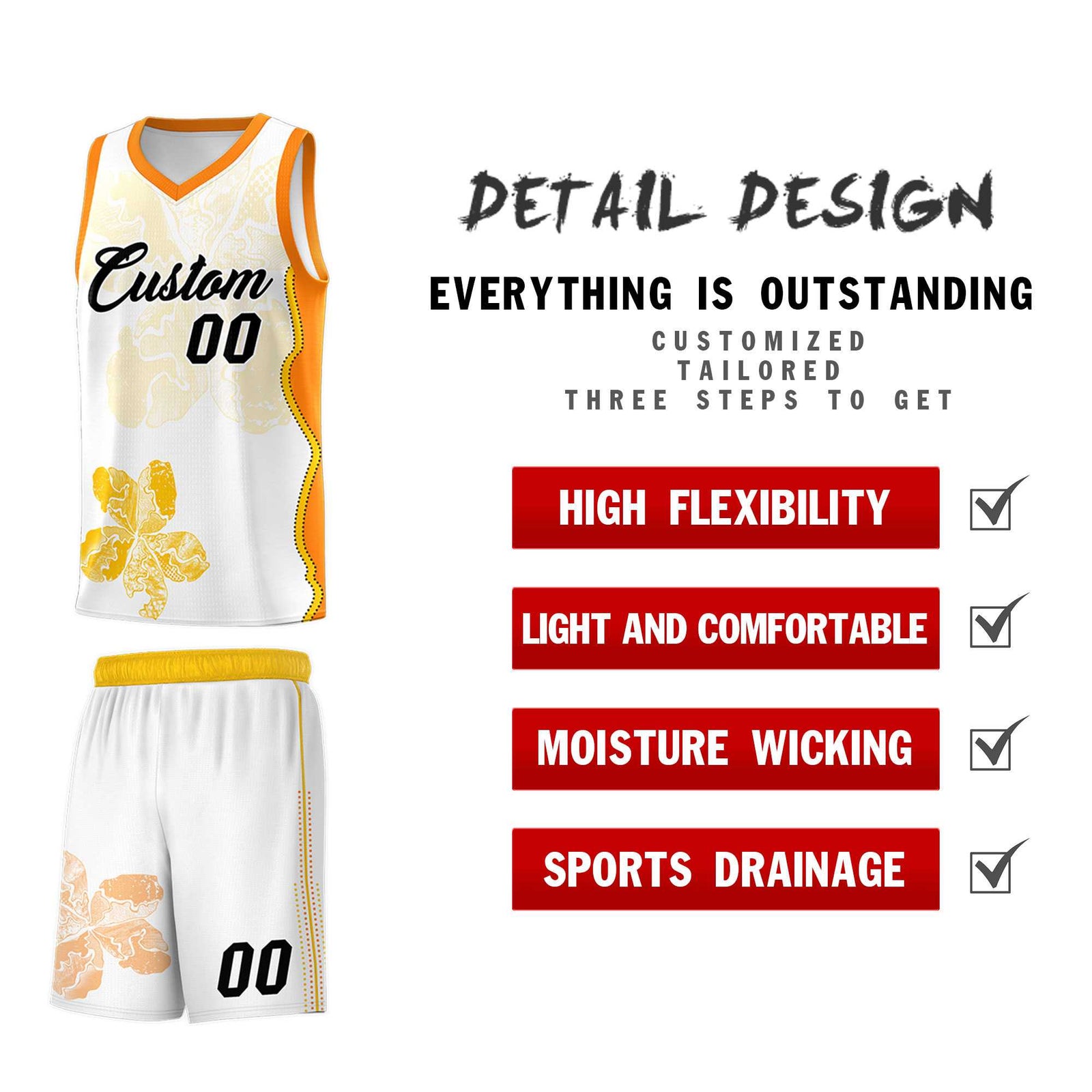 Custom White Orange Basketball Jersey - Illusion Flower Graffiti Durable Fabric