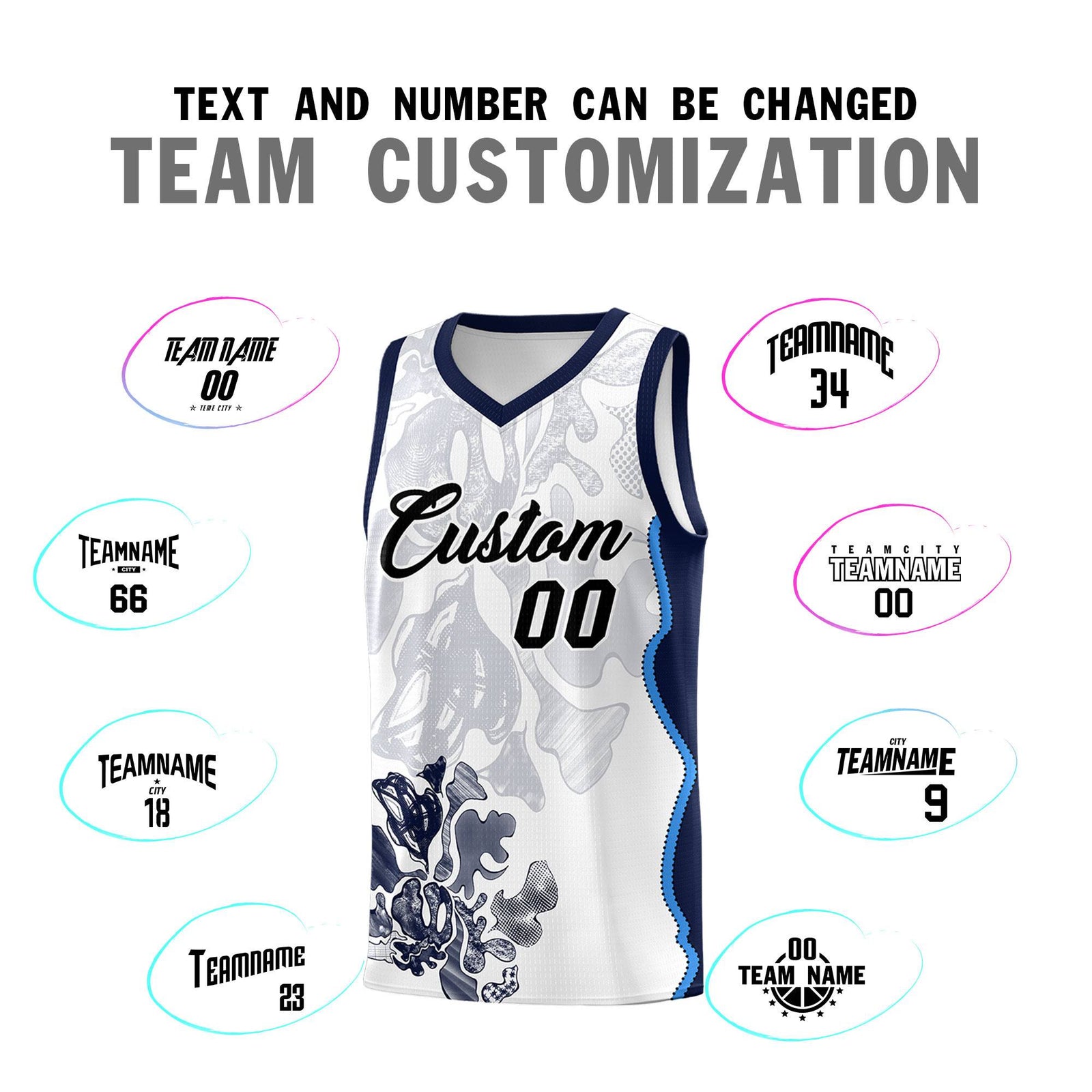 Custom White Navy Basketball Jersey - Illusion Flower Graffiti Breathable Fabric