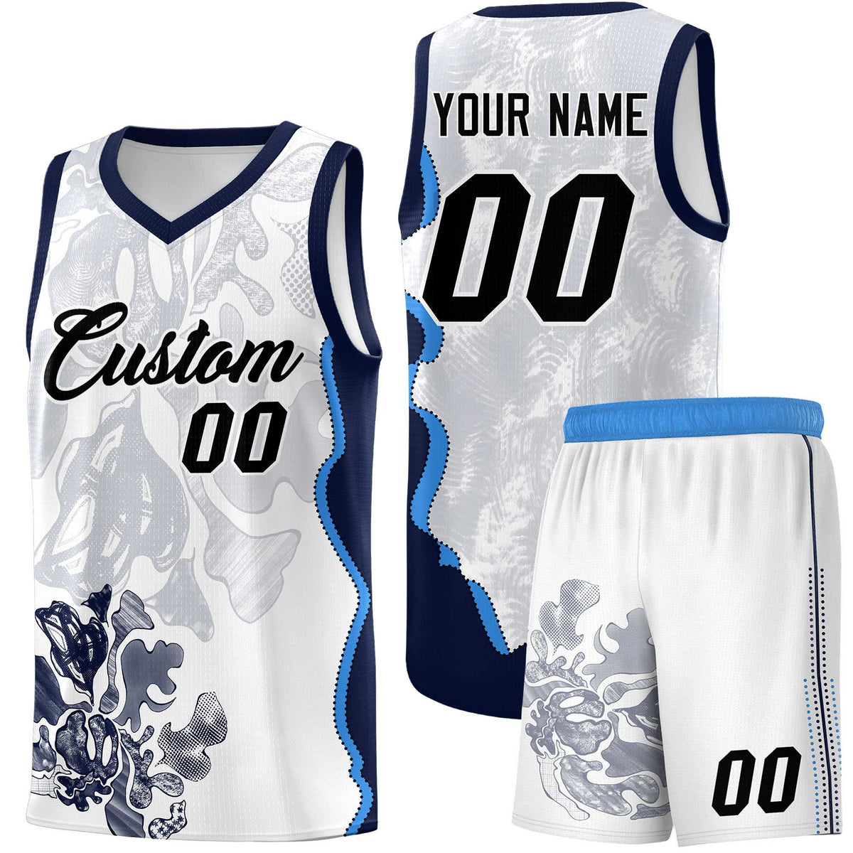 Custom White Navy Basketball Jersey - Illusion Flower Graffiti Breathable Fabric