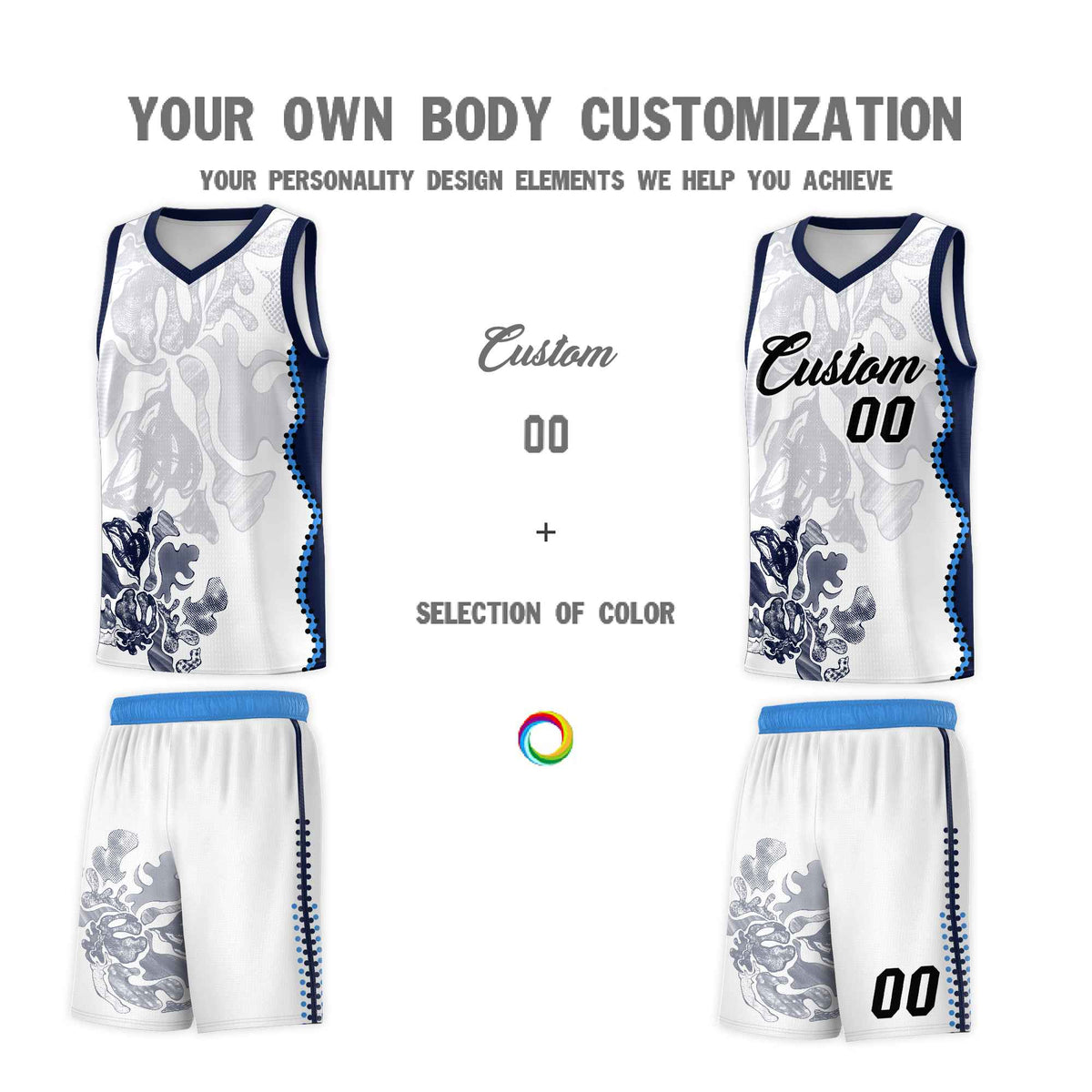 Custom White Navy Basketball Jersey - Illusion Flower Graffiti Breathable Fabric