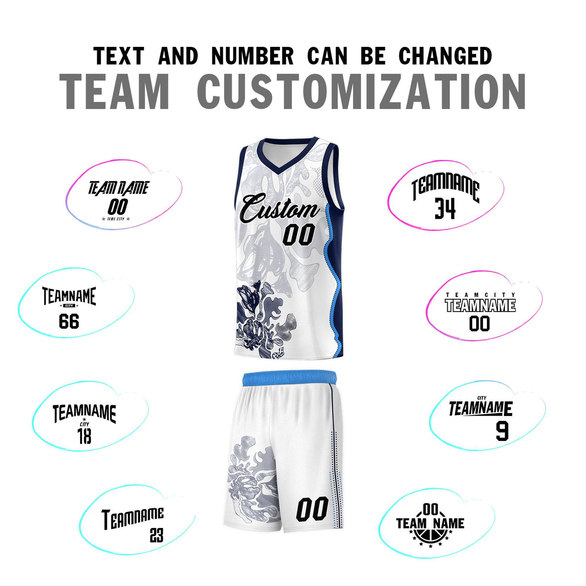 Custom White Navy Basketball Jersey - Illusion Flower Graffiti Breathable Fabric