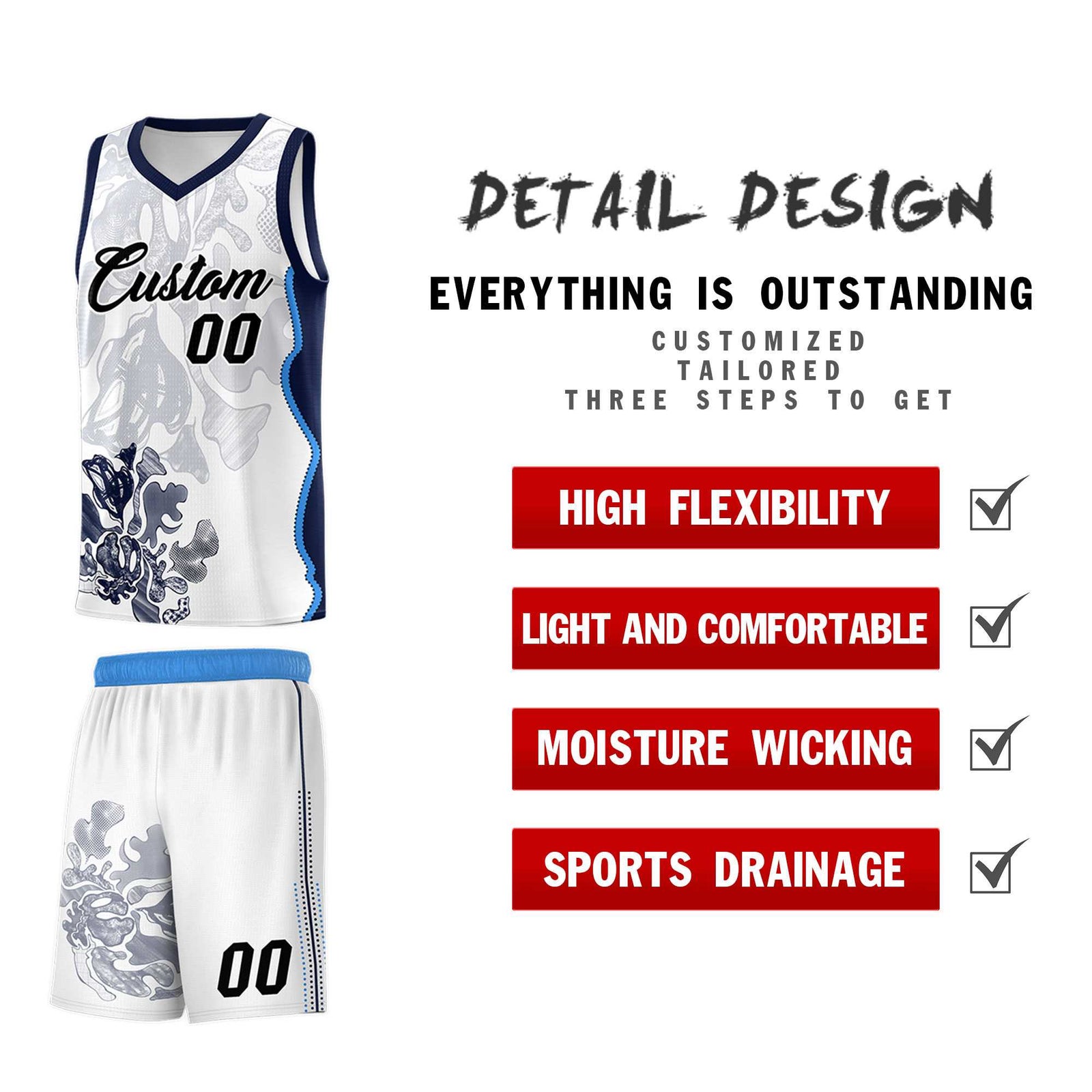 Custom White Navy Basketball Jersey - Illusion Flower Graffiti Breathable Fabric