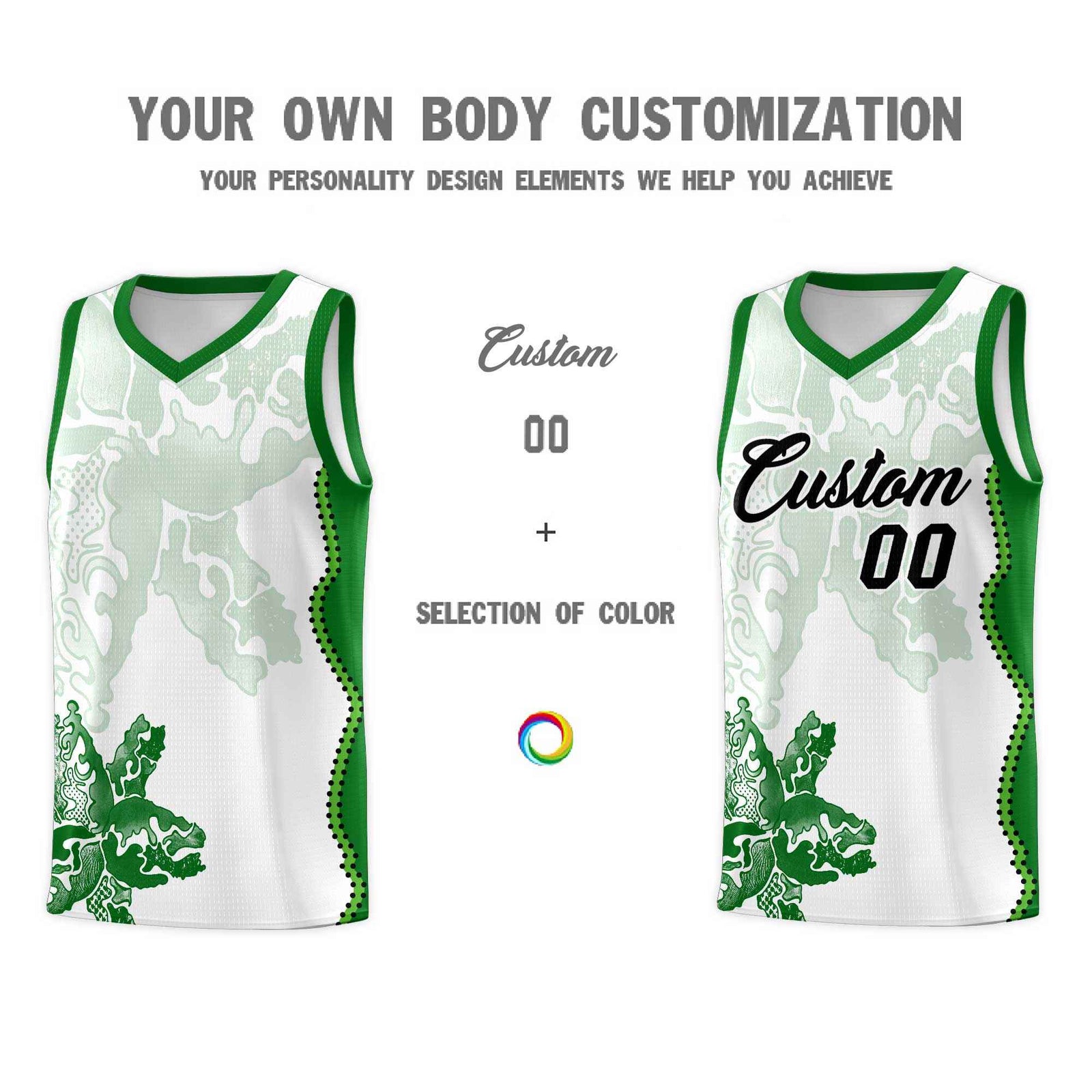 Custom White Kelly Green Basketball Jersey - Illusion Flower Graffiti Moisture wicking Fabric