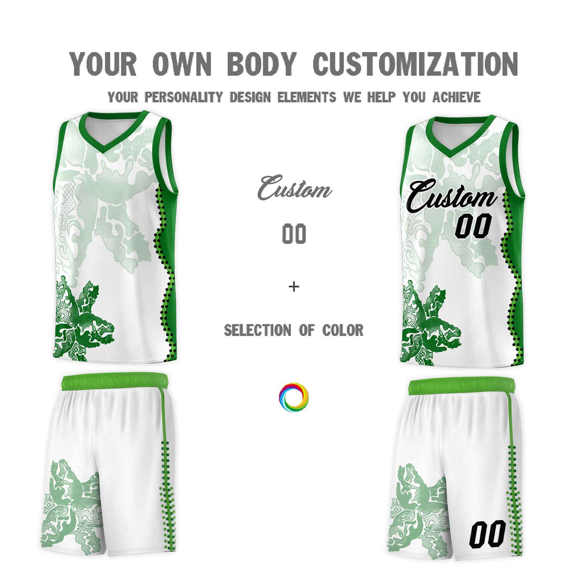 Custom White Kelly Green Basketball Jersey - Illusion Flower Graffiti Moisture wicking Fabric