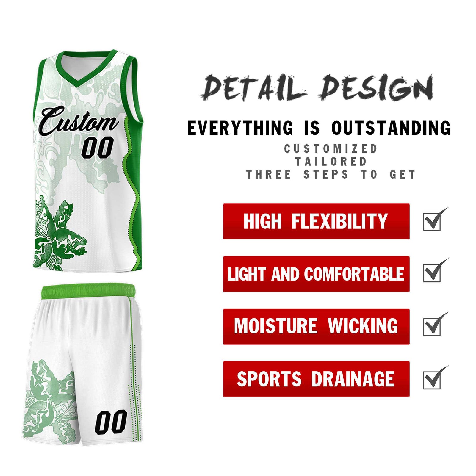 Custom White Kelly Green Basketball Jersey - Illusion Flower Graffiti Moisture wicking Fabric