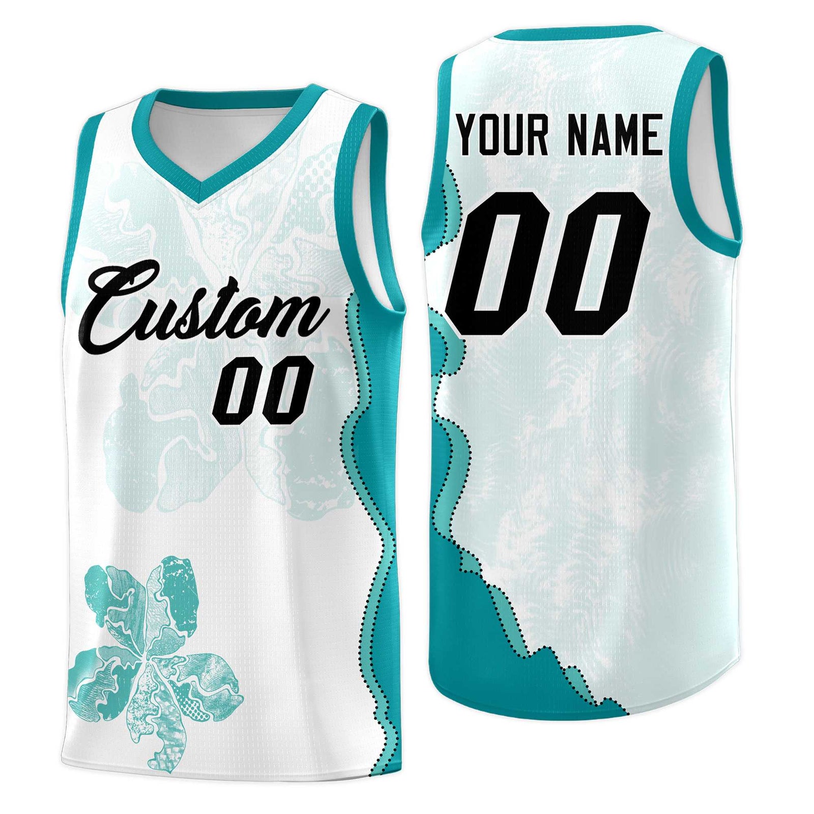 Custom White Teal Basketball Jersey - Illusion Flower Graffiti Lightweight Fabric