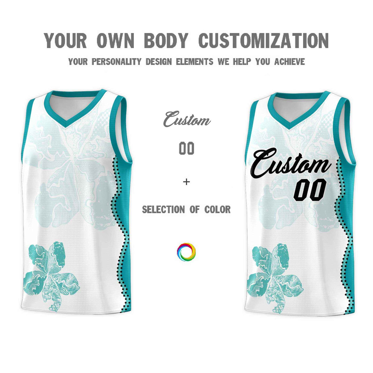 Custom White Teal Basketball Jersey - Illusion Flower Graffiti Lightweight Fabric