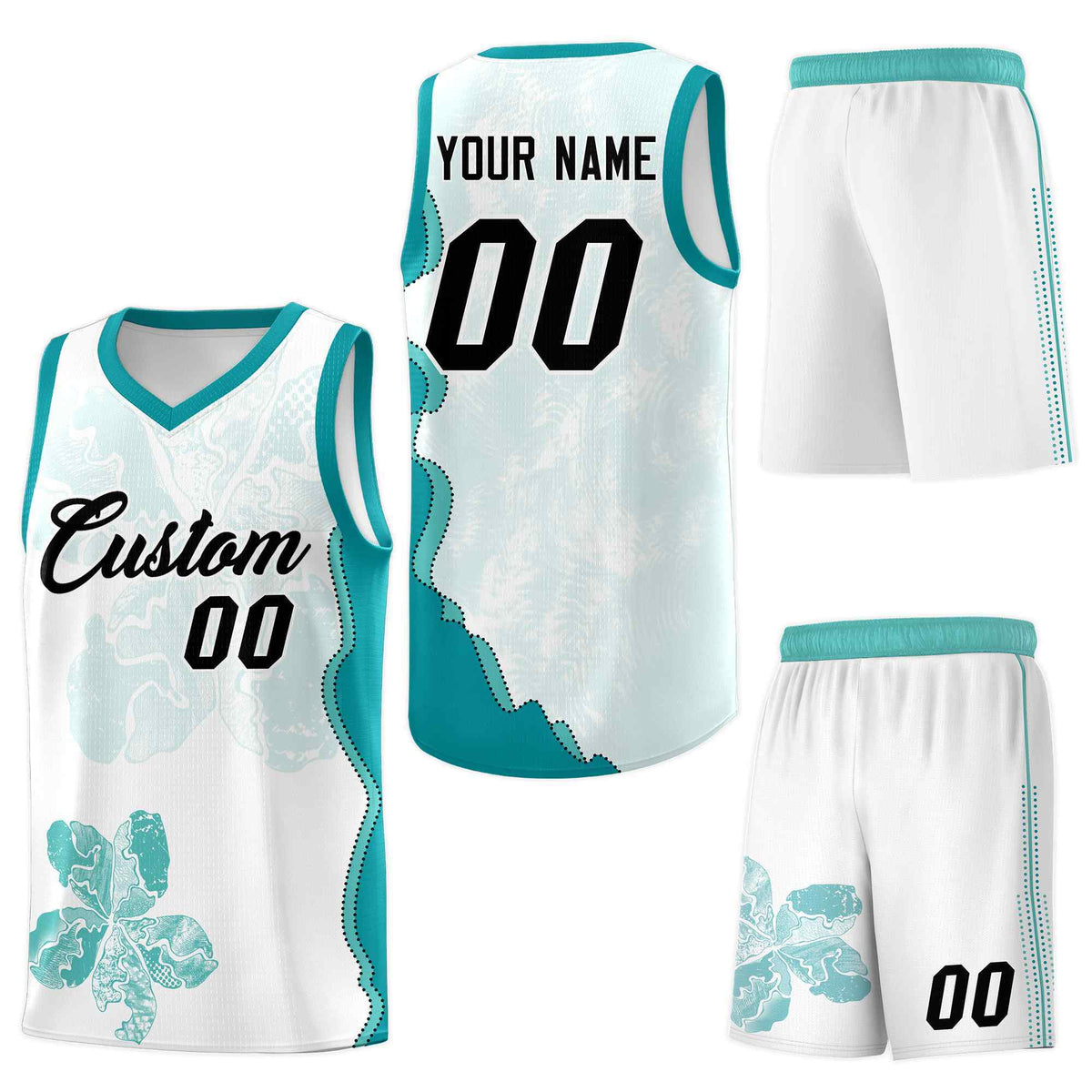Custom White Teal Basketball Jersey - Illusion Flower Graffiti Quick-Drying