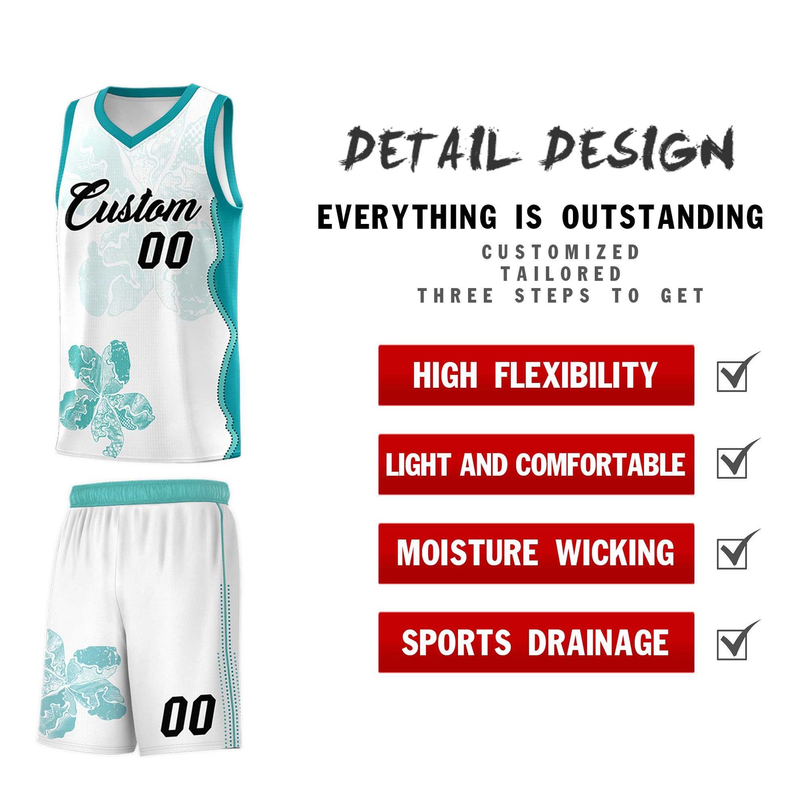 Custom White Teal Basketball Jersey - Illusion Flower Graffiti Lightweight Fabric