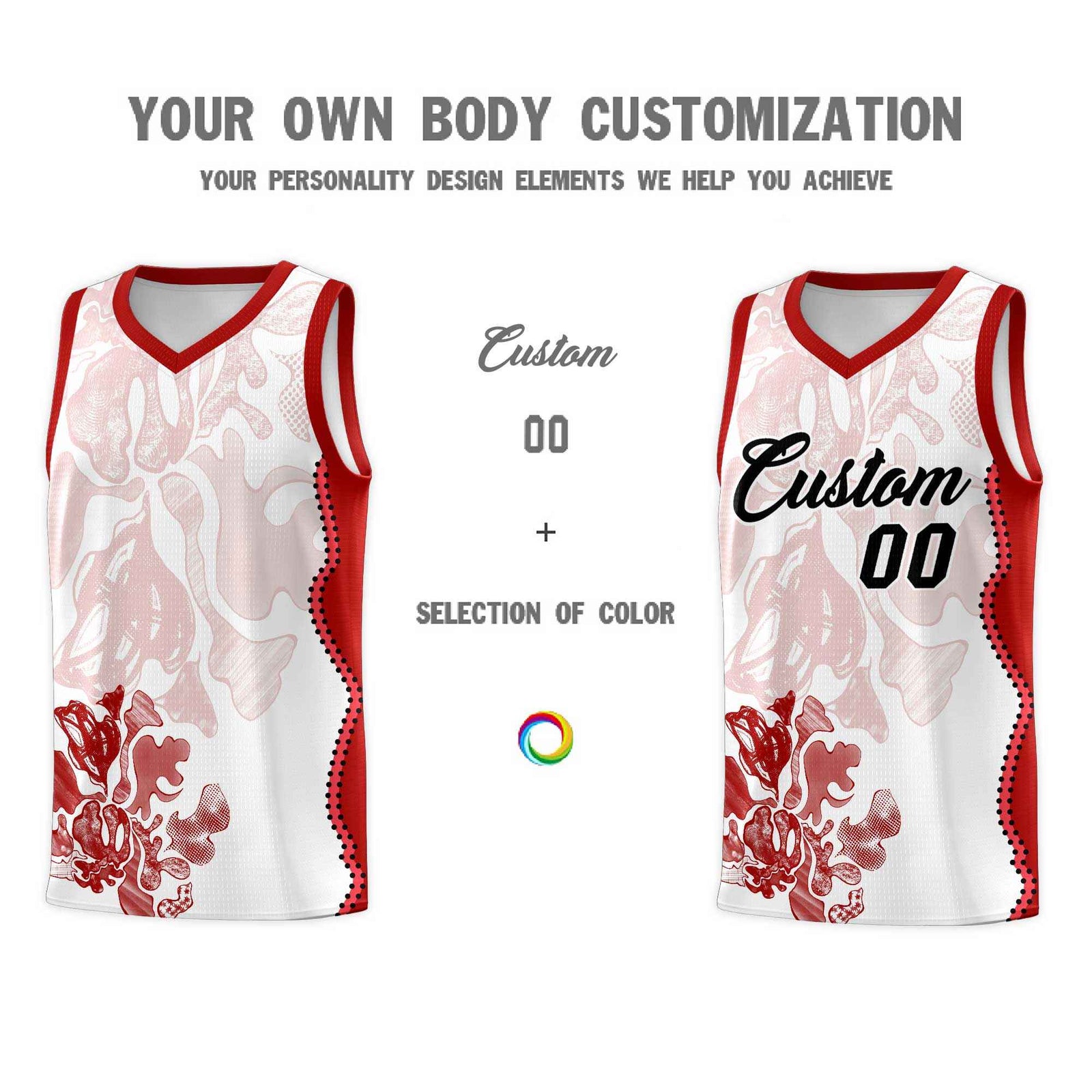 Custom White Red Basketball Jersey - Illusion Flower Graffiti Stretchy Fabric