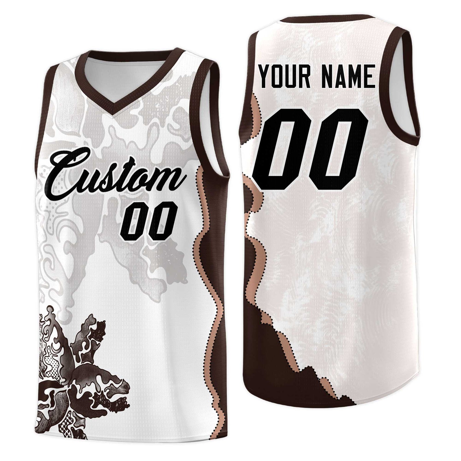 Custom White Brown Basketball Jersey - Illusion Flower Graffiti Quick dry Fabric