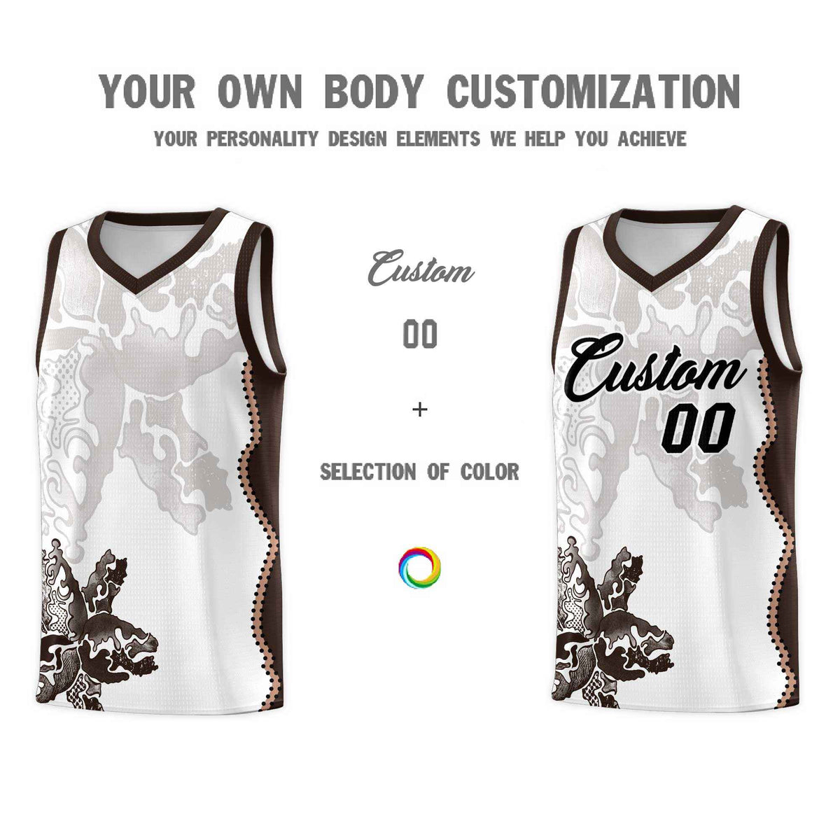 Custom White Brown Basketball Jersey - Illusion Flower Graffiti Quick dry Fabric