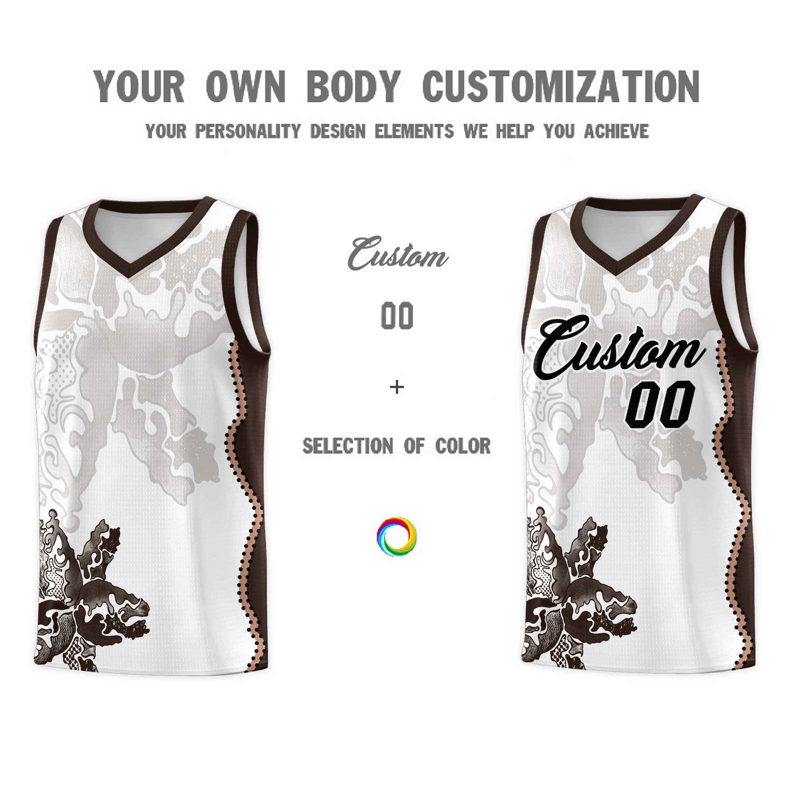 Custom White Brown Basketball Jersey - Illusion Flower Graffiti Quick dry Fabric