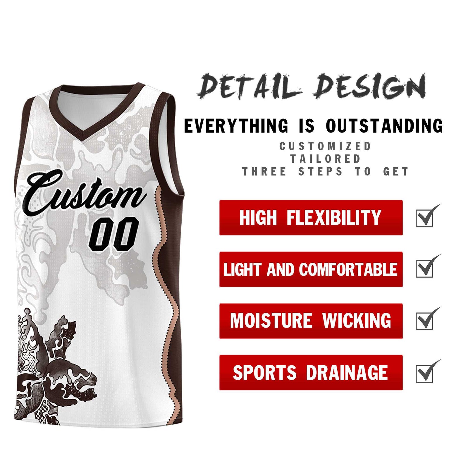 Custom White Brown Basketball Jersey - Illusion Flower Graffiti Quick dry Fabric