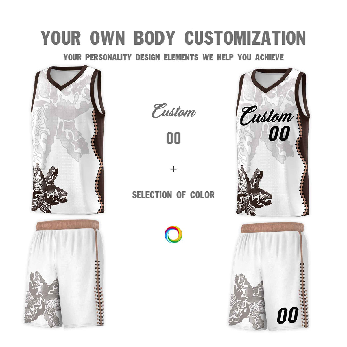Custom White Brown Basketball Jersey - Illusion Flower Graffiti Quick dry Fabric