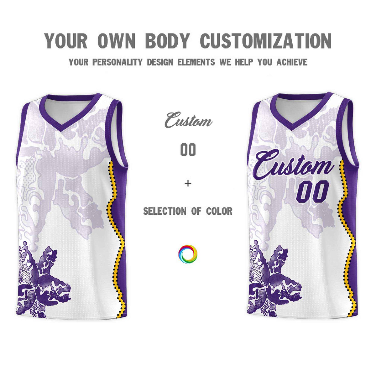 Custom White Purple Basketball Jersey - Illusion Flower Graffiti Moisture-wicking Fabric