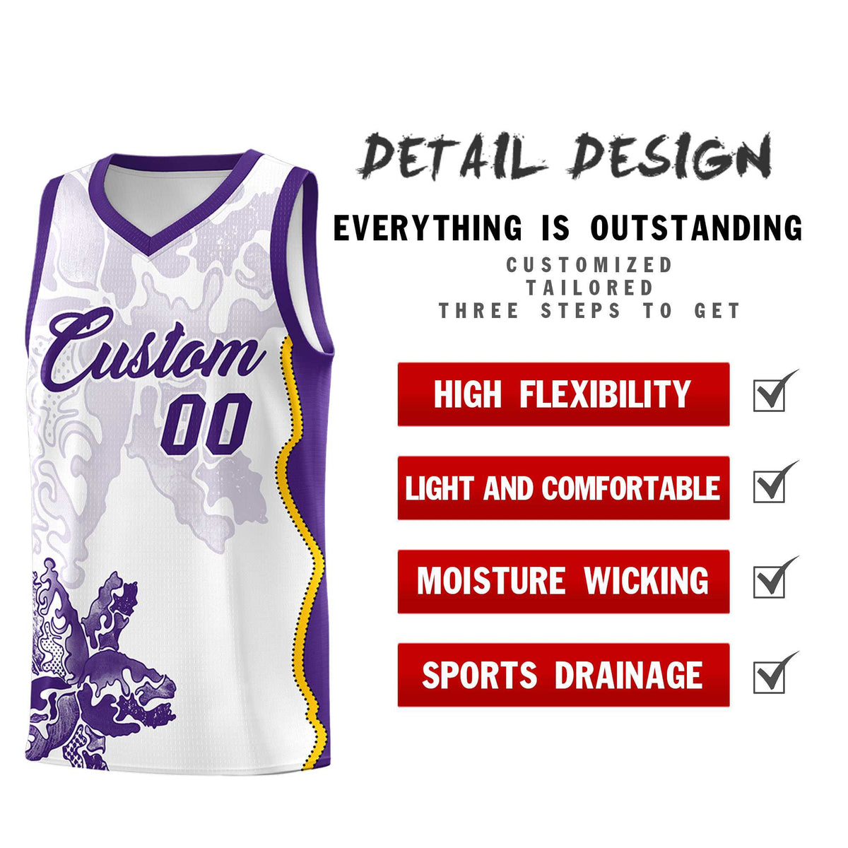 Custom White Purple Basketball Jersey - Illusion Flower Graffiti Moisture-wicking Fabric
