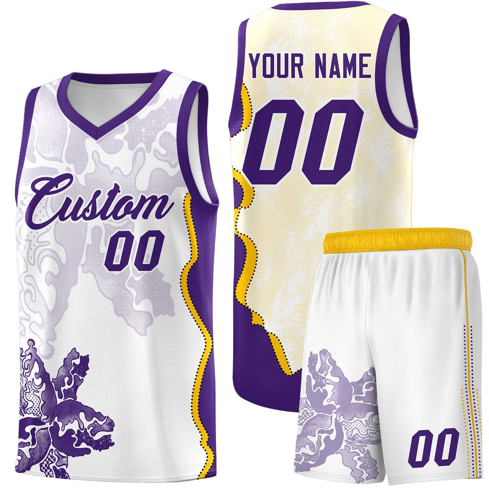 Custom White Purple Basketball Jersey - Illusion Flower Graffiti Moisture-wicking Fabric