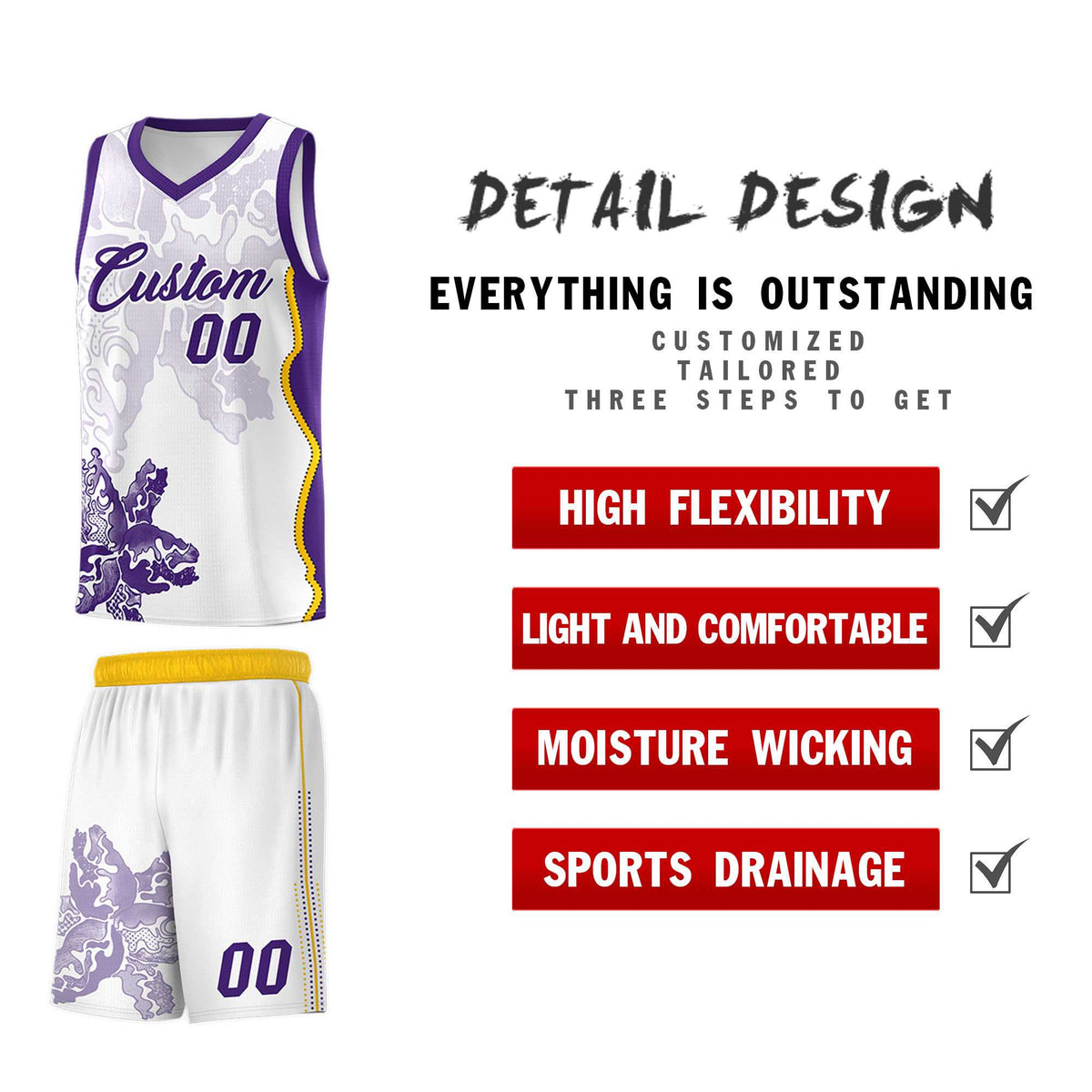 Custom White Purple Basketball Jersey - Illusion Flower Graffiti Moisture-wicking Fabric