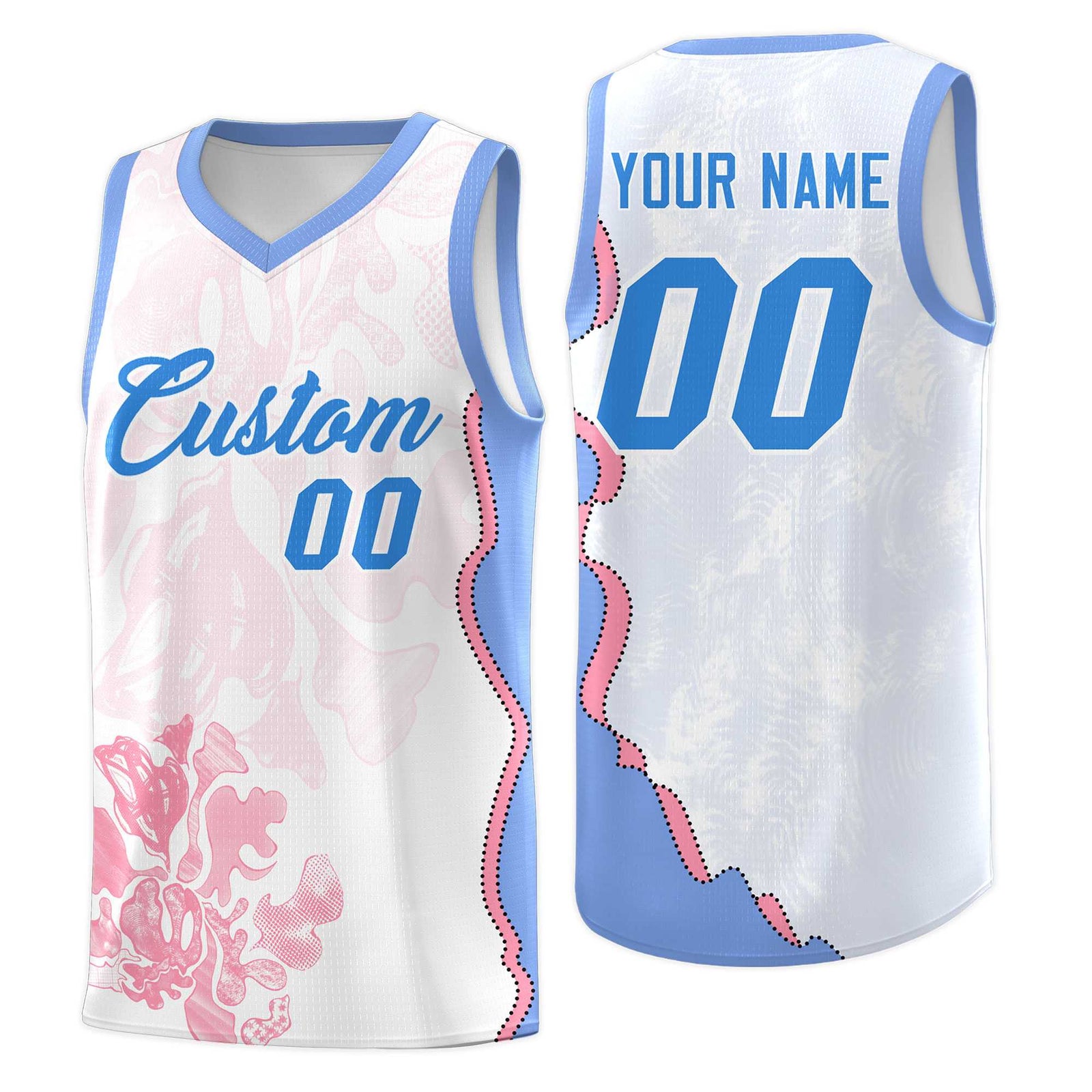 Custom White Light Blue Basketball Jersey - Illusion Flower Graffiti Durable Fabric