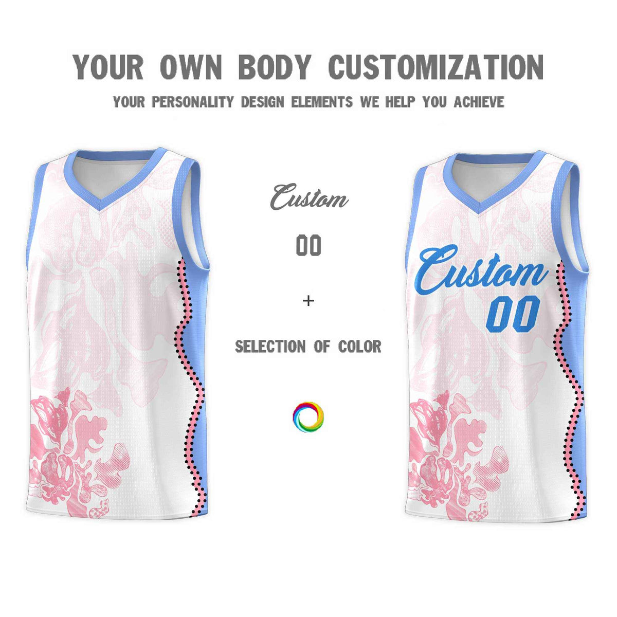Custom White Light Blue Basketball Jersey - Illusion Flower Graffiti Durable Fabric