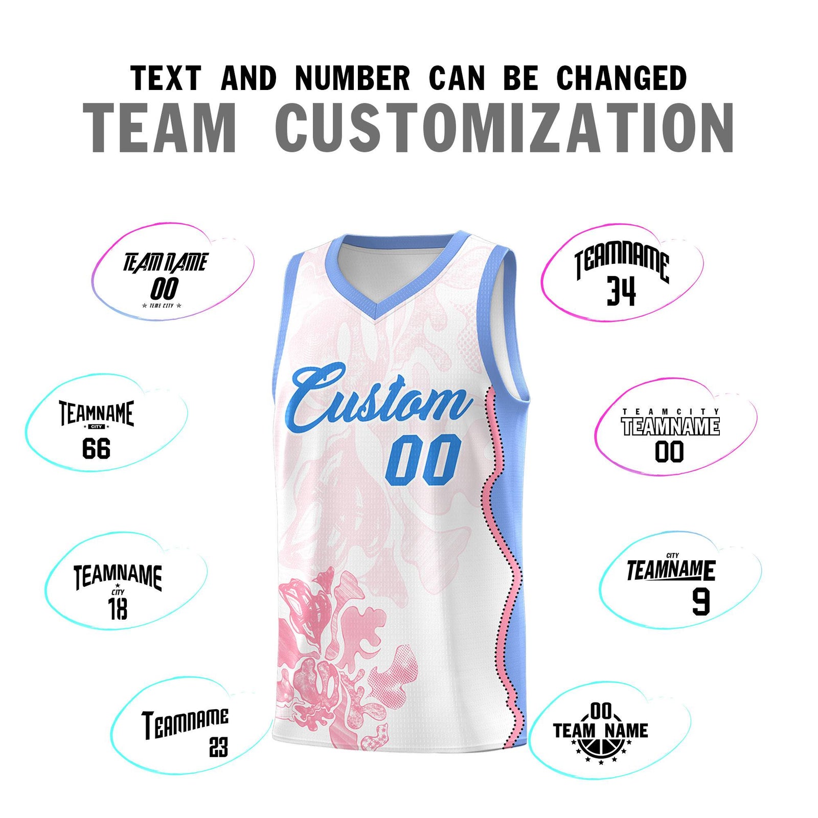 Custom White Light Blue Basketball Jersey - Illusion Flower Graffiti Durable Fabric