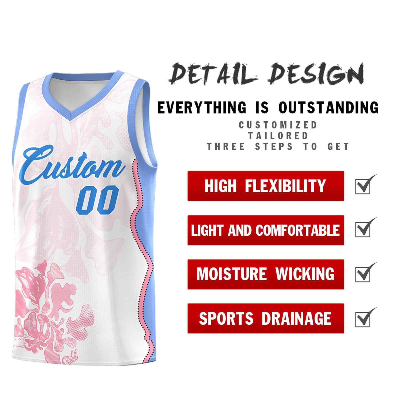 Custom White Light Blue Basketball Jersey - Illusion Flower Graffiti Durable Fabric