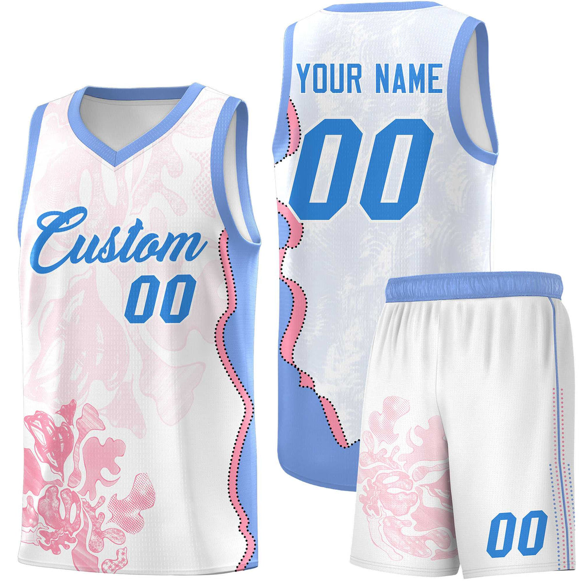 Custom White Light Blue Basketball Jersey - Illusion Flower Graffiti Durable Fabric