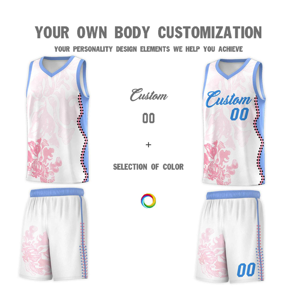 Custom White Light Blue Basketball Jersey - Illusion Flower Graffiti Durable Fabric