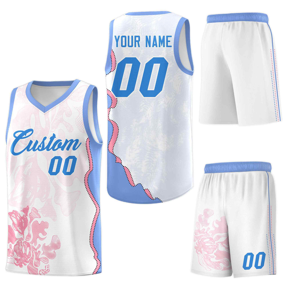 Custom White Light Blue Basketball Jersey - Illusion Flower Graffiti Lightweight