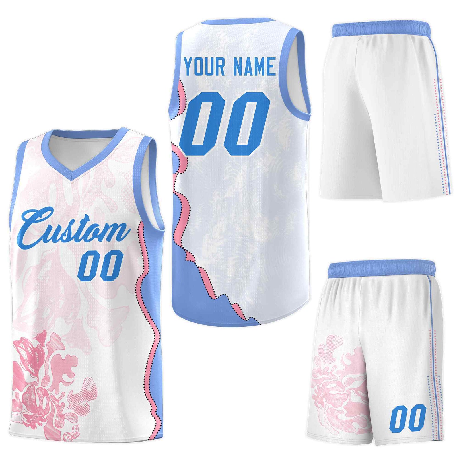 Custom White Light Blue Basketball Jersey - Illusion Flower Graffiti Lightweight