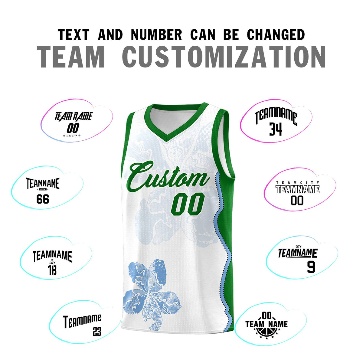 Custom White Kelly Green Basketball Jersey - Illusion Flower Graffiti Moisture wicking Fabric