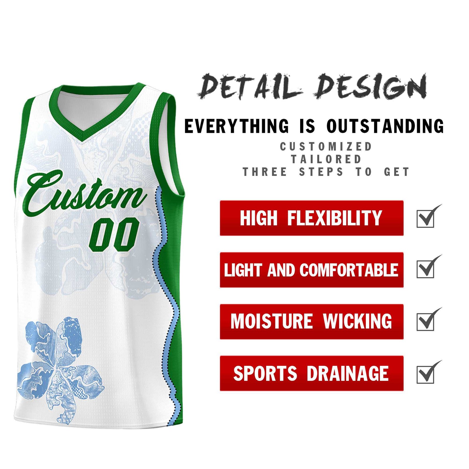 Custom White Kelly Green Basketball Jersey - Illusion Flower Graffiti Moisture wicking Fabric