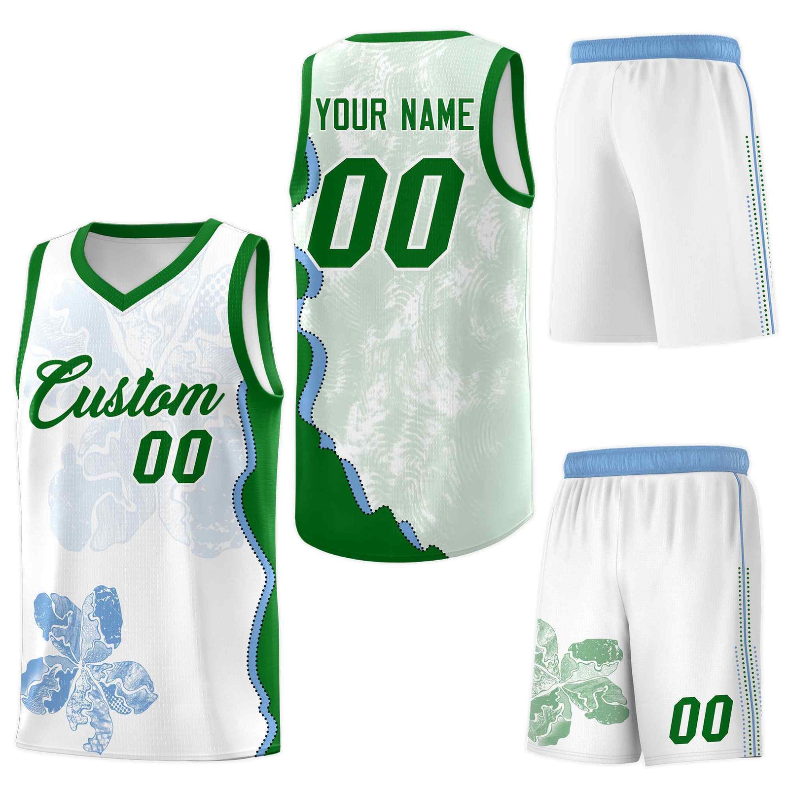 Custom White Kelly Green Basketball Jersey - Illusion Flower Graffiti Drapable