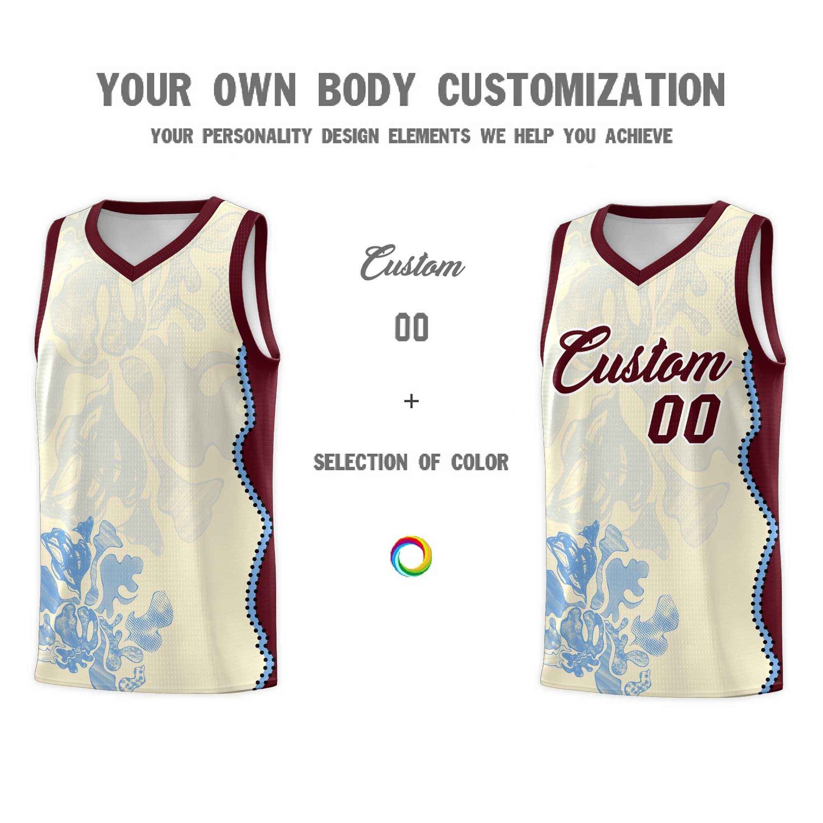 Custom Cream Burgundy Basketball Jersey - Illusion Flower Graffiti Lightweight Fabric