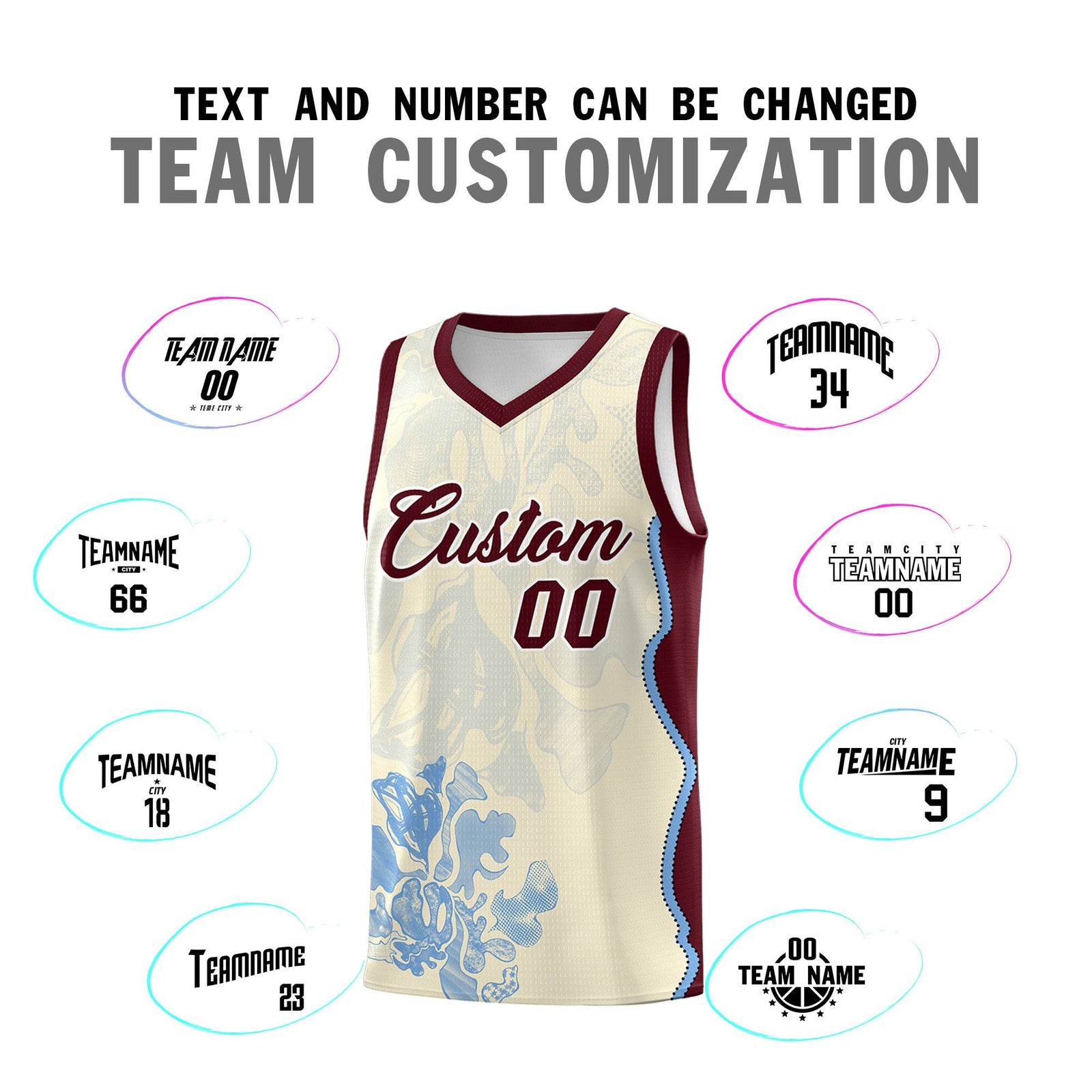 Custom Cream Burgundy Basketball Jersey - Illusion Flower Graffiti Lightweight Fabric