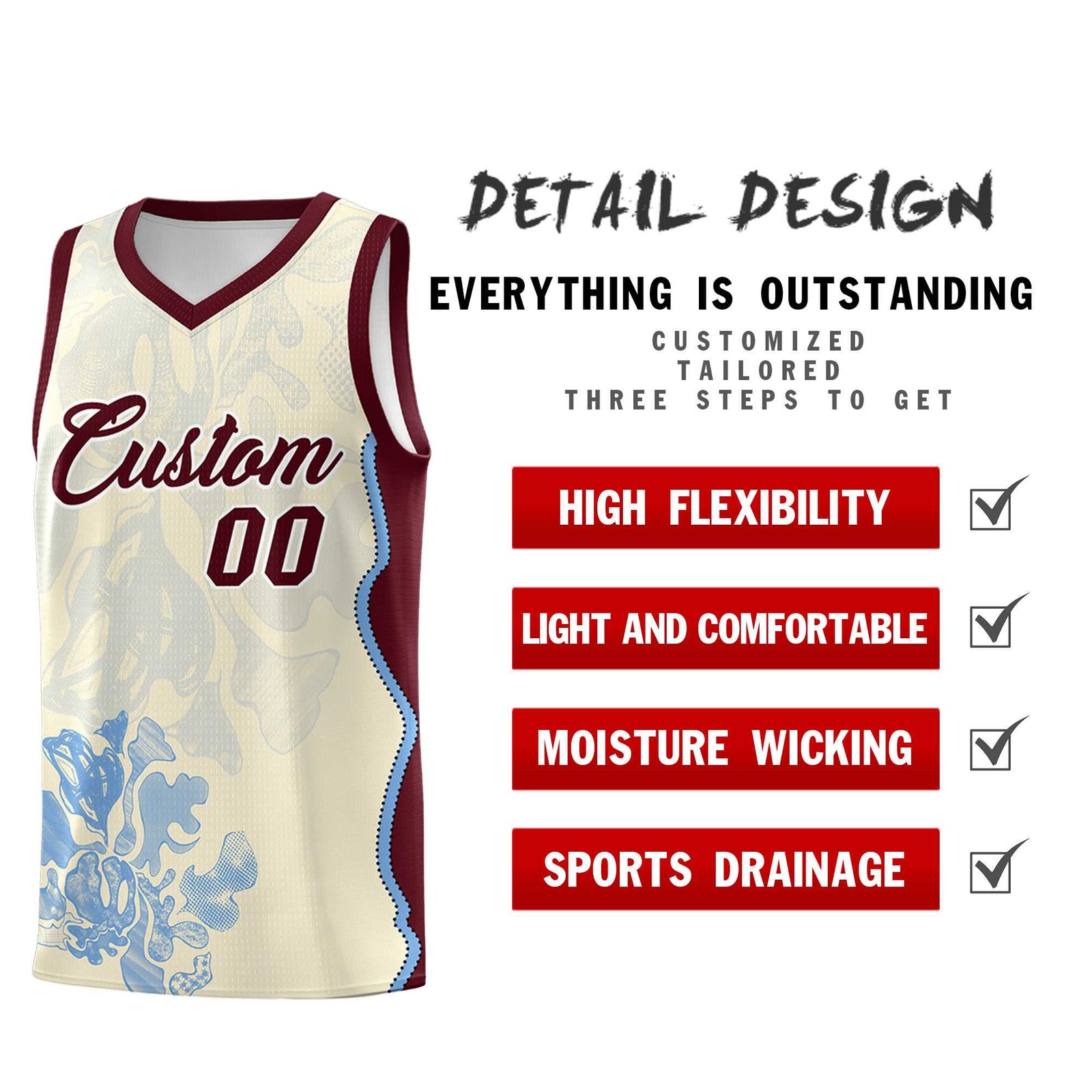 Custom Cream Burgundy Basketball Jersey - Illusion Flower Graffiti Lightweight Fabric