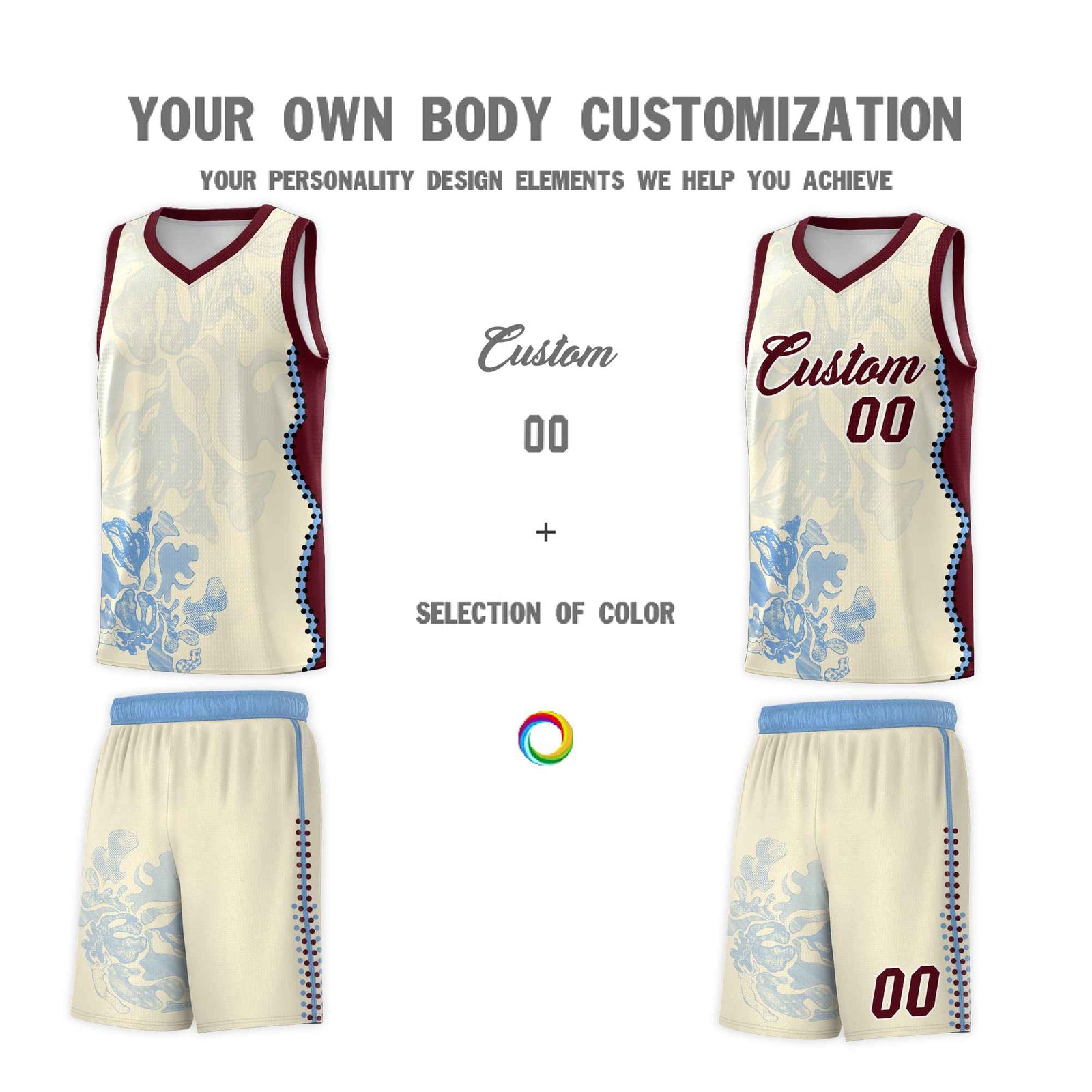 Custom Cream Burgundy Basketball Jersey - Illusion Flower Graffiti Lightweight Fabric