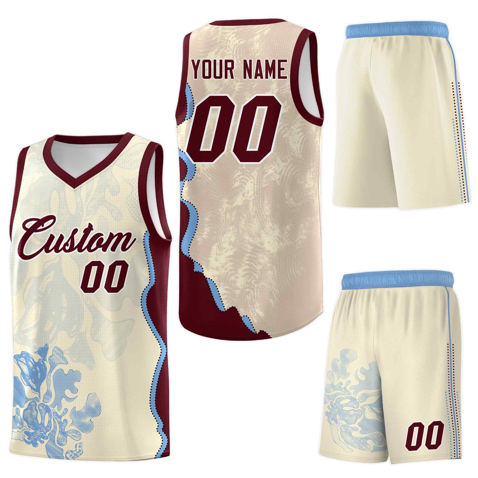 Custom Cream Burgundy Basketball Jersey - Illusion Flower Graffiti Sublimation Printing