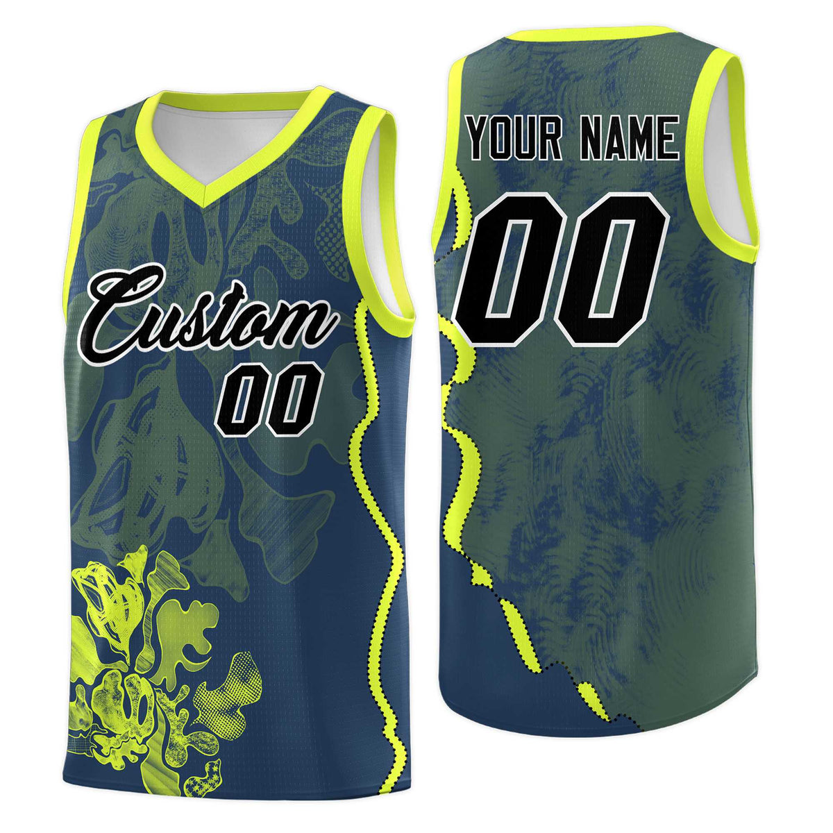 Custom Midnight Blue Fluorescent Green Basketball Jersey - Illusion Flower Graffiti Stylish Fabric