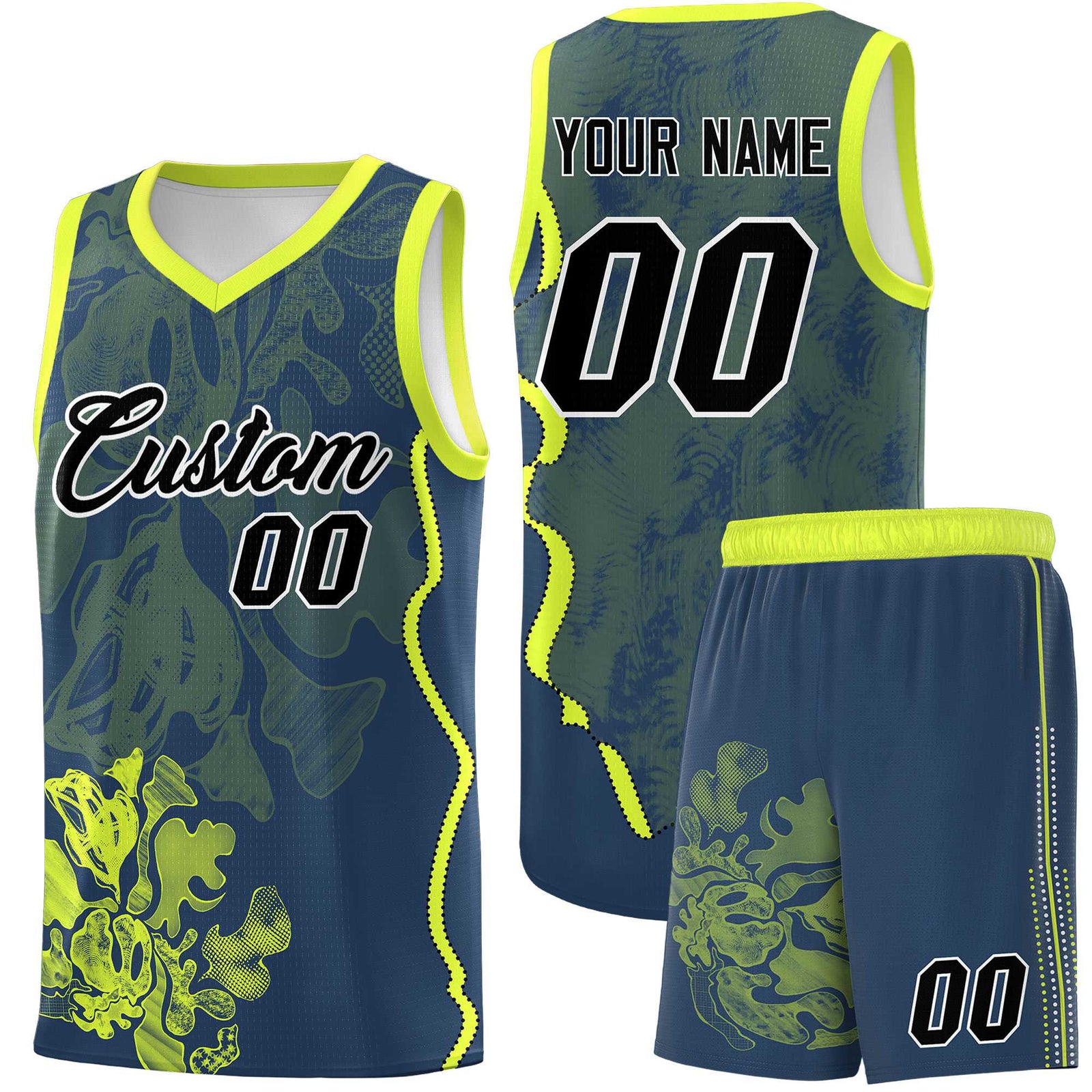 Custom Midnight Blue Fluorescent Green Basketball Jersey - Illusion Flower Graffiti Stylish Fabric