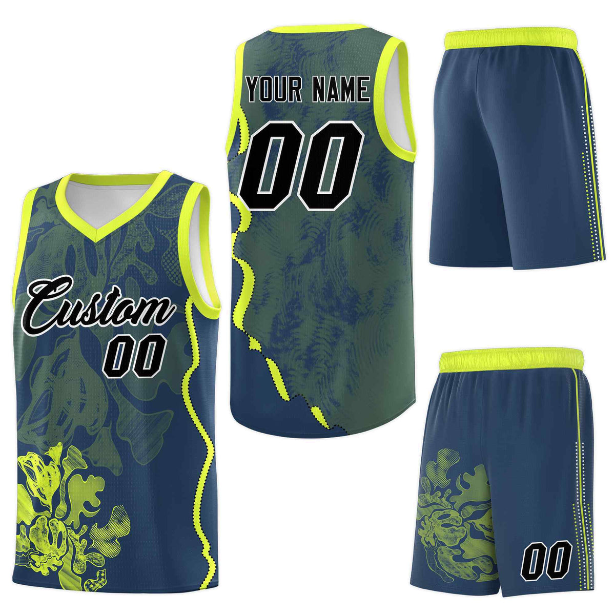 Custom Midnight Blue Fluorescent Green Basketball Jersey - Illusion Flower Graffiti Wrinkle-Resistant