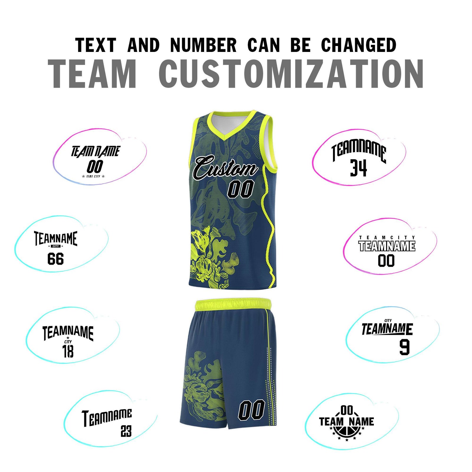 Custom Midnight Blue Fluorescent Green Basketball Jersey - Illusion Flower Graffiti Stylish Fabric
