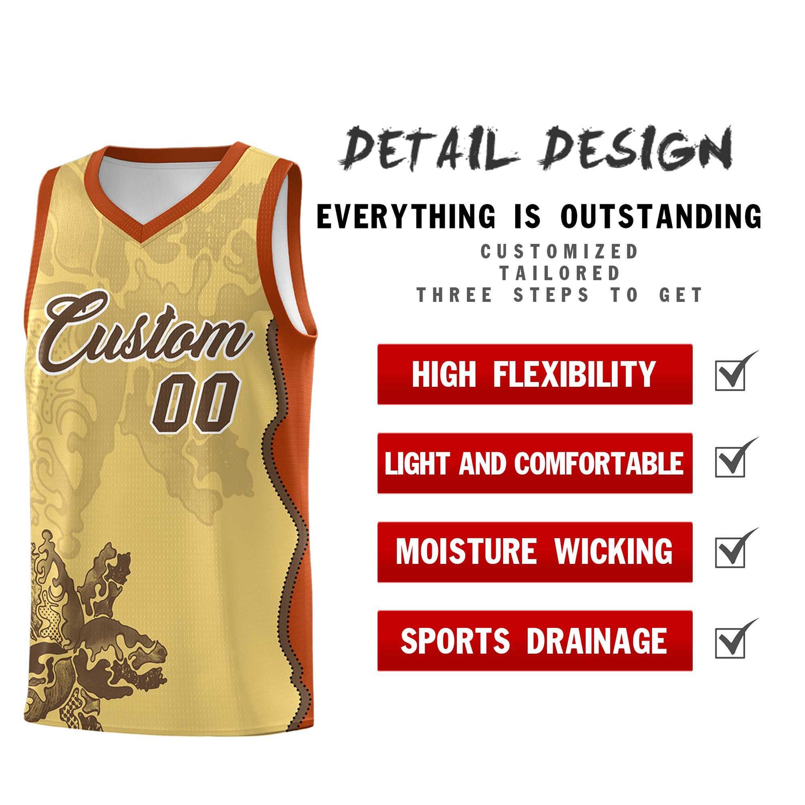 Custom Khaki Dark Orange Basketball Jersey - Illusion Flower Graffiti Unique Fabric