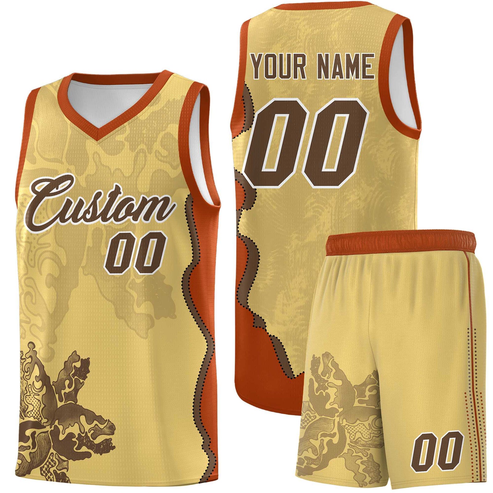 Custom Khaki Dark Orange Basketball Jersey - Illusion Flower Graffiti Unique Fabric