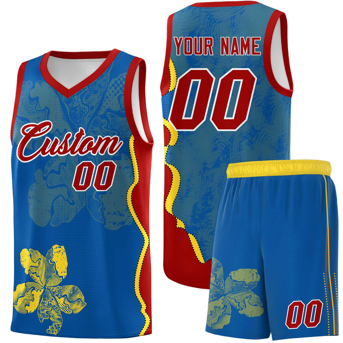 Custom Royal Red Basketball Jersey - Illusion Flower Graffiti Moisture-wicking Fabric