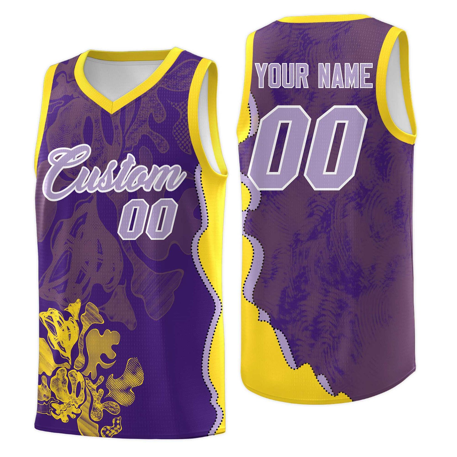 Custom Purple Gold Basketball Jersey - Illusion Flower Graffiti Breathable mesh Fabric